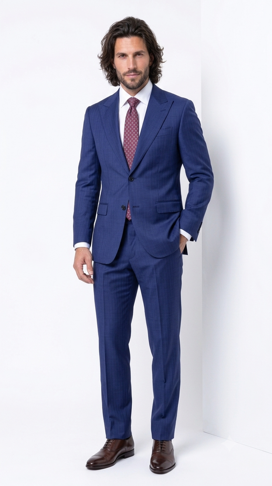 Statement Men's 2 Piece 100% Super 200 Wool Modern Fit Suit - Pic Stitching Peak Lapel Two Buttons in Color Navy