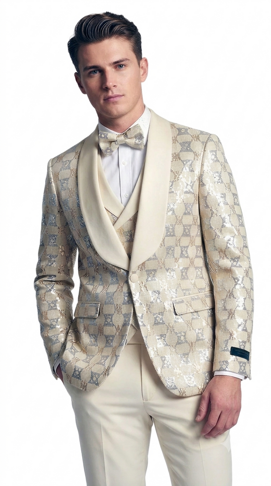 Ivory Shiny Patterned Shawl Lapel Tuxedo Set – Wedding & Prom