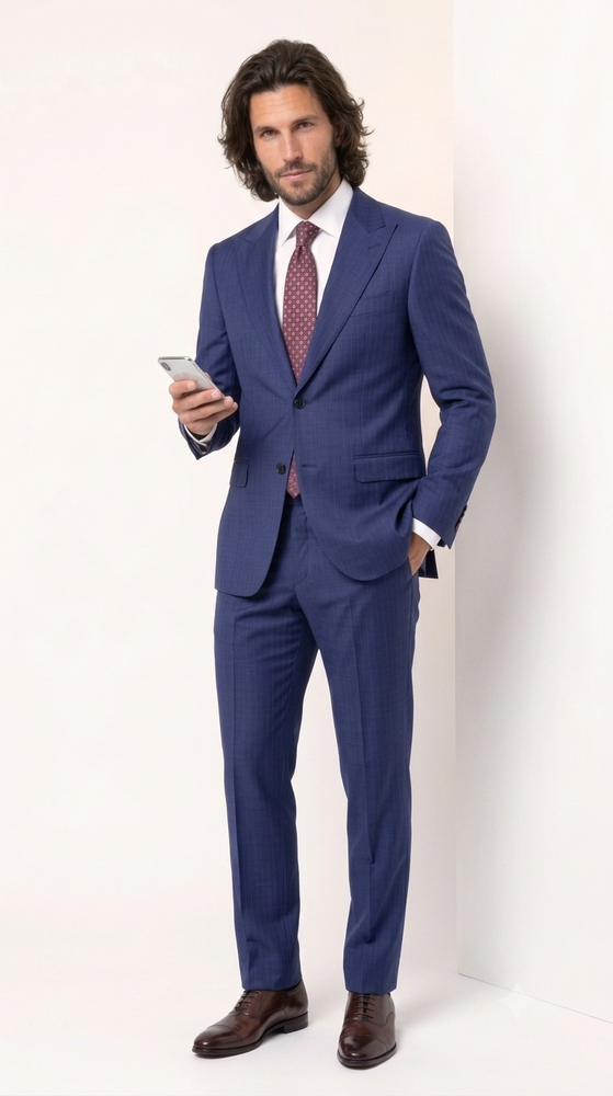 Statement Men's 2 Piece 100% Super 200 Wool Modern Fit Suit - Pic Stitching Peak Lapel Two Buttons in Color Navy
