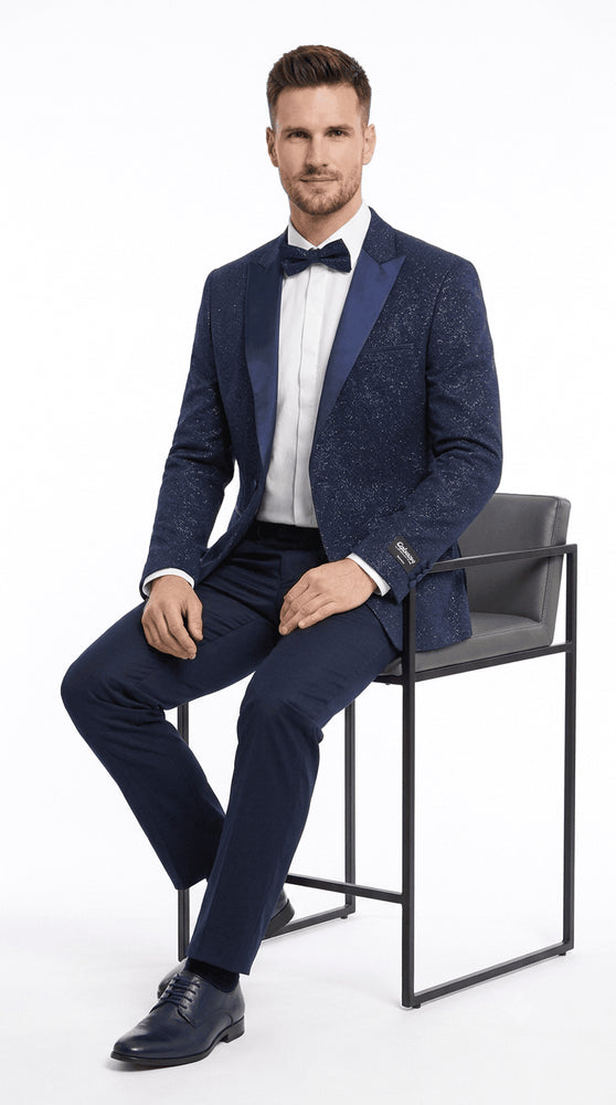 Mens Navy Blue Tuxedo Sparkly Shiny Dinner Jacket + Pants