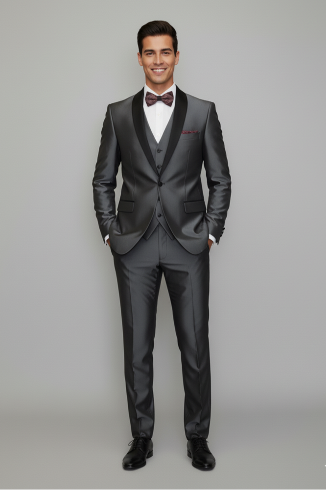 Men's Gray Black Shawl Tuxedo Slim Fitted 3 Piece Two Toned Shiny Sharkskin Suit