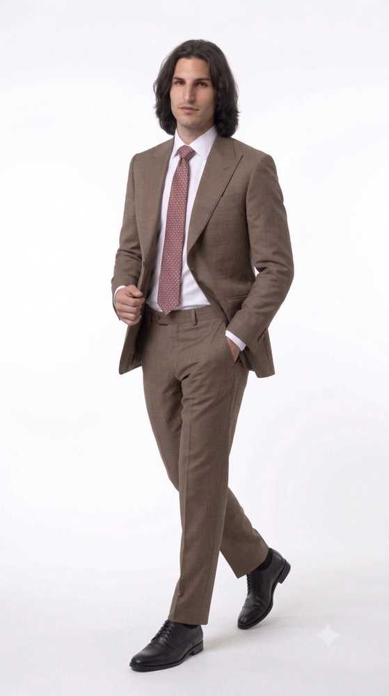 Statement Men's 2 Piece 100% Super 200 Wool Modern Fit Suit - Pic Stitching Peak Lapel Two Buttons in Color Taupe