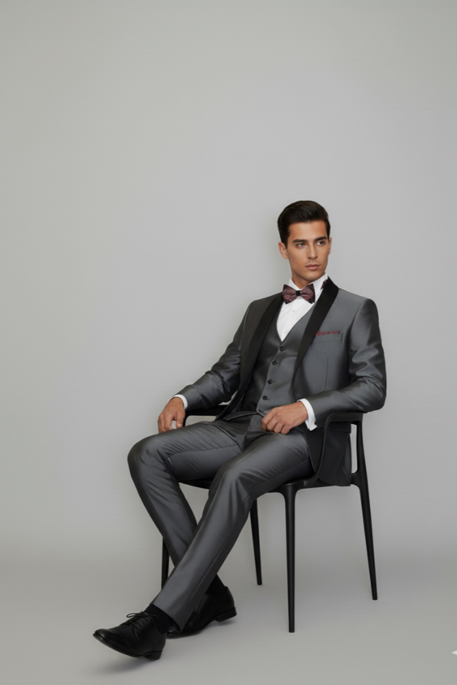 Men's Gray Black Shawl Tuxedo Slim Fitted 3 Piece Two Toned Shiny Sharkskin Suit