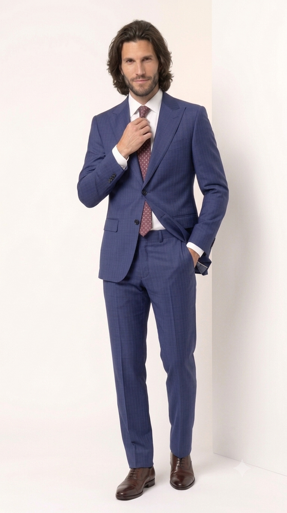 Statement Men's 2 Piece 100% Super 200 Wool Modern Fit Suit - Pic Stitching Peak Lapel Two Buttons in Color Navy