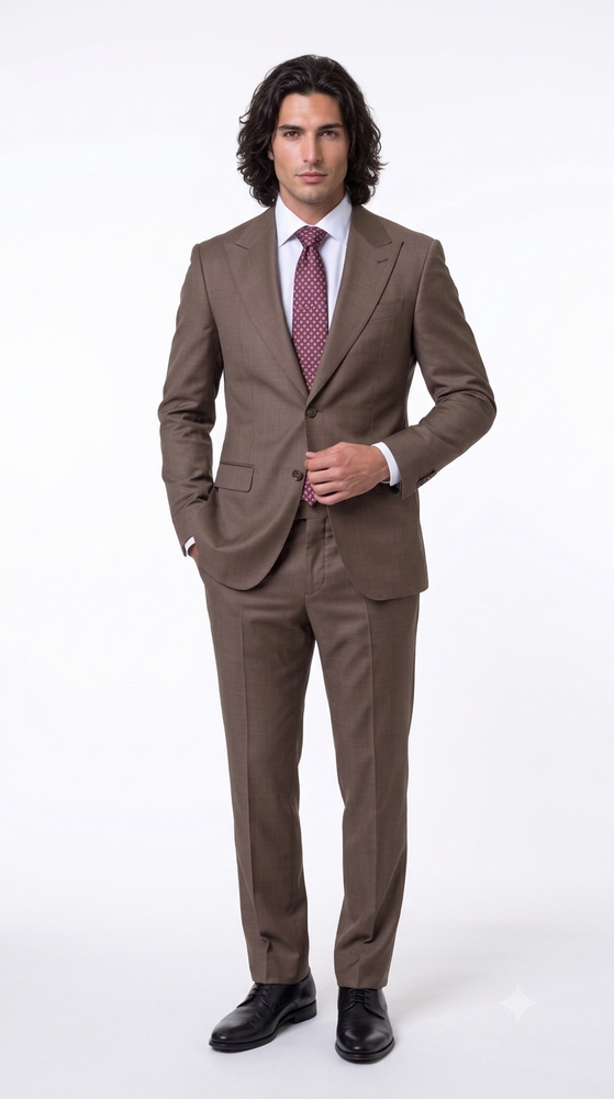 Statement Men's 2 Piece 100% Super 200 Wool Modern Fit Suit - Pic Stitching Peak Lapel Two Buttons in Color Taupe