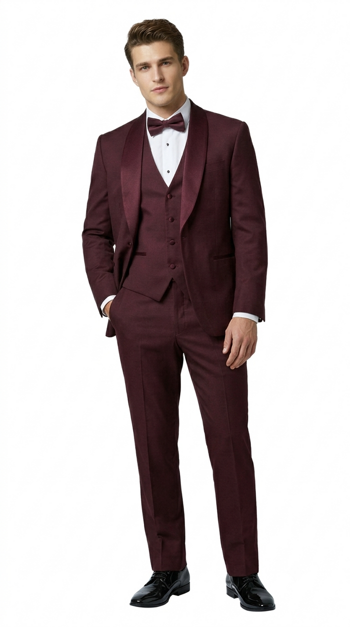 Burgundy Double Shawl Lapel Tuxedo with Satin Trim – Wedding & Prom