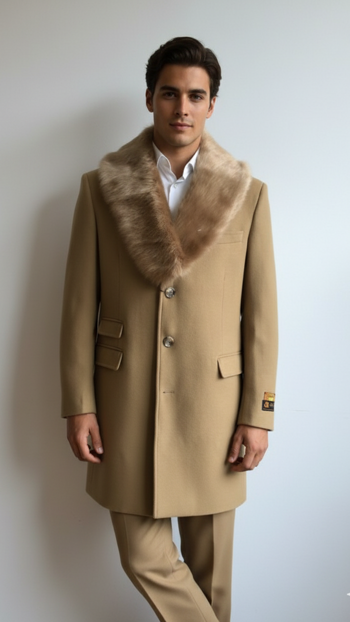 Men's Camel Three Button Full Length Overcoat Men's Carcoat - Car Coat Mid Length Three quarter length coat