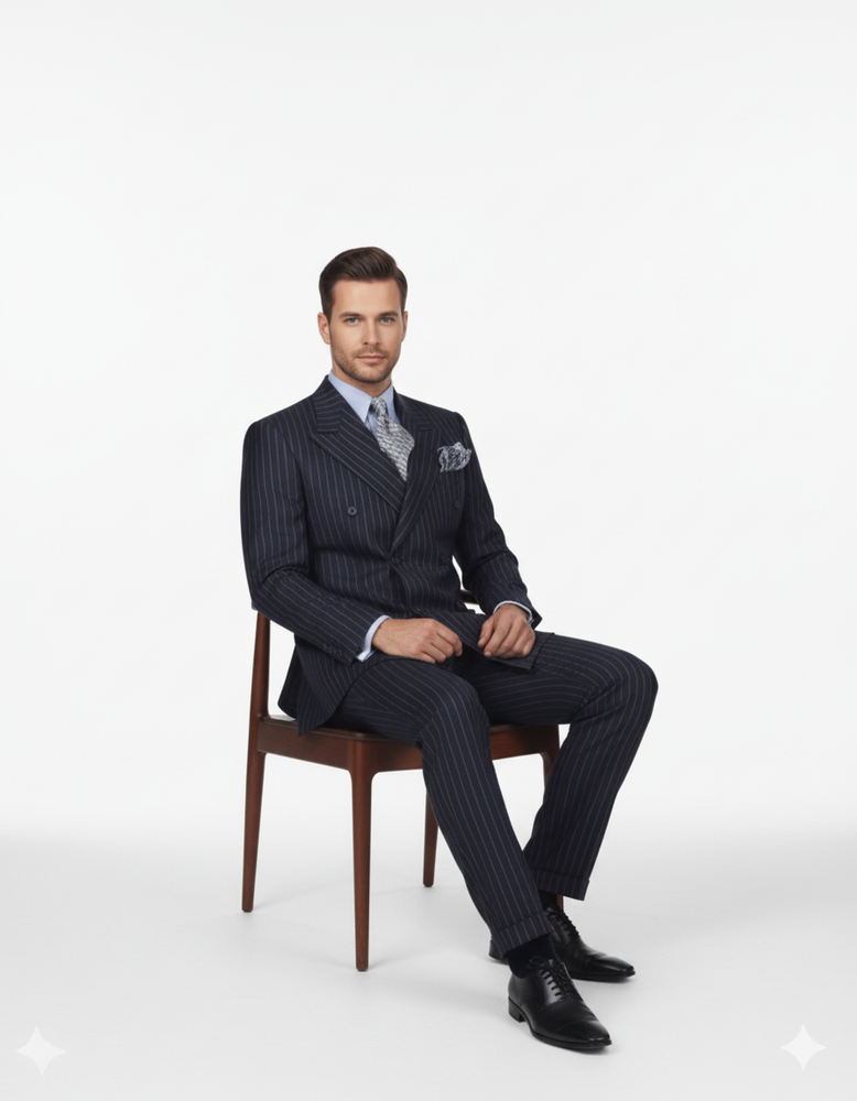 High Quality Dark Navy Blue Suit For Men & Chalk Bold White Pinstripe Double Breasted Suit 100% poly-ray