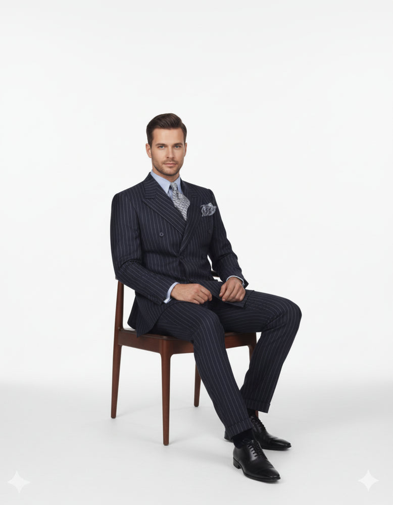 High Quality Dark Navy Blue Suit For Men & Chalk Bold White Pinstripe Double Breasted Suit 100% poly-ray
