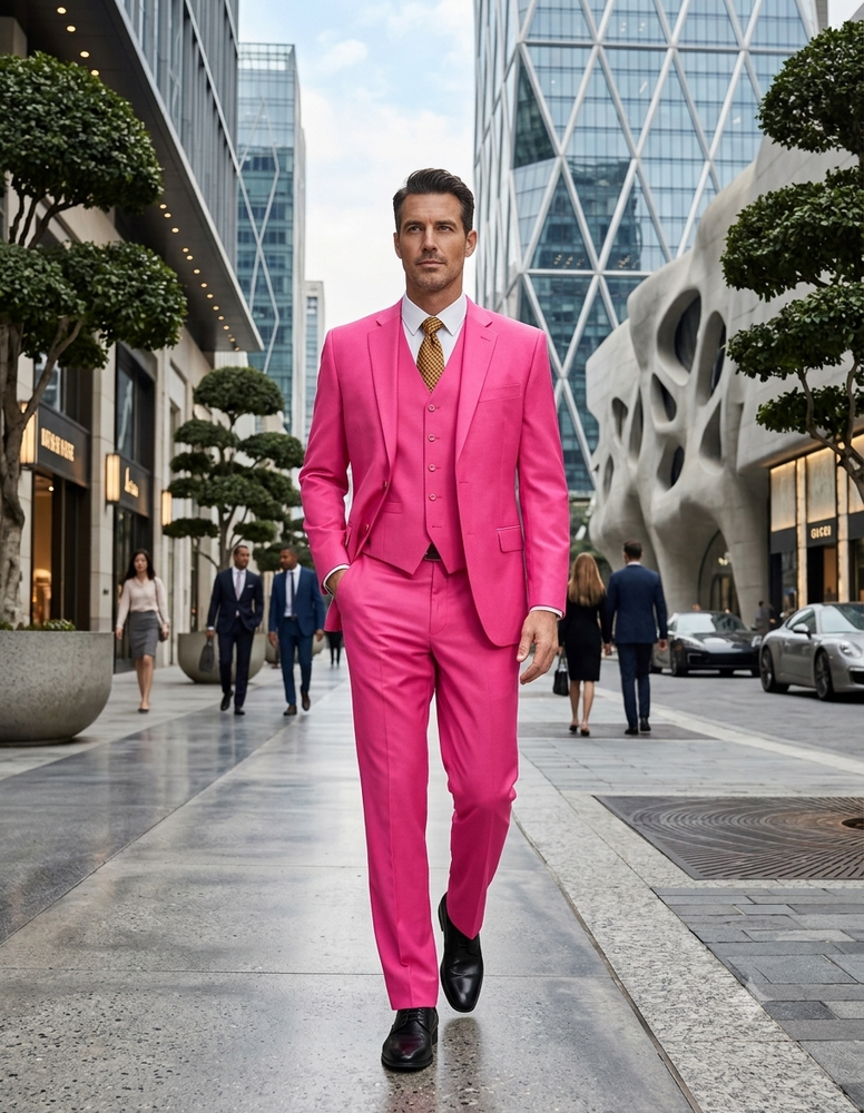 Men's 2 Button 3 Piece Vested Modern Fit Suits Flat Front Pants Suit in Fuschia