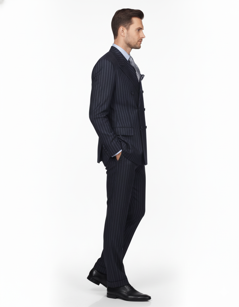 High Quality Dark Navy Blue Suit For Men & Chalk Bold White Pinstripe Double Breasted Suit 100% poly-ray