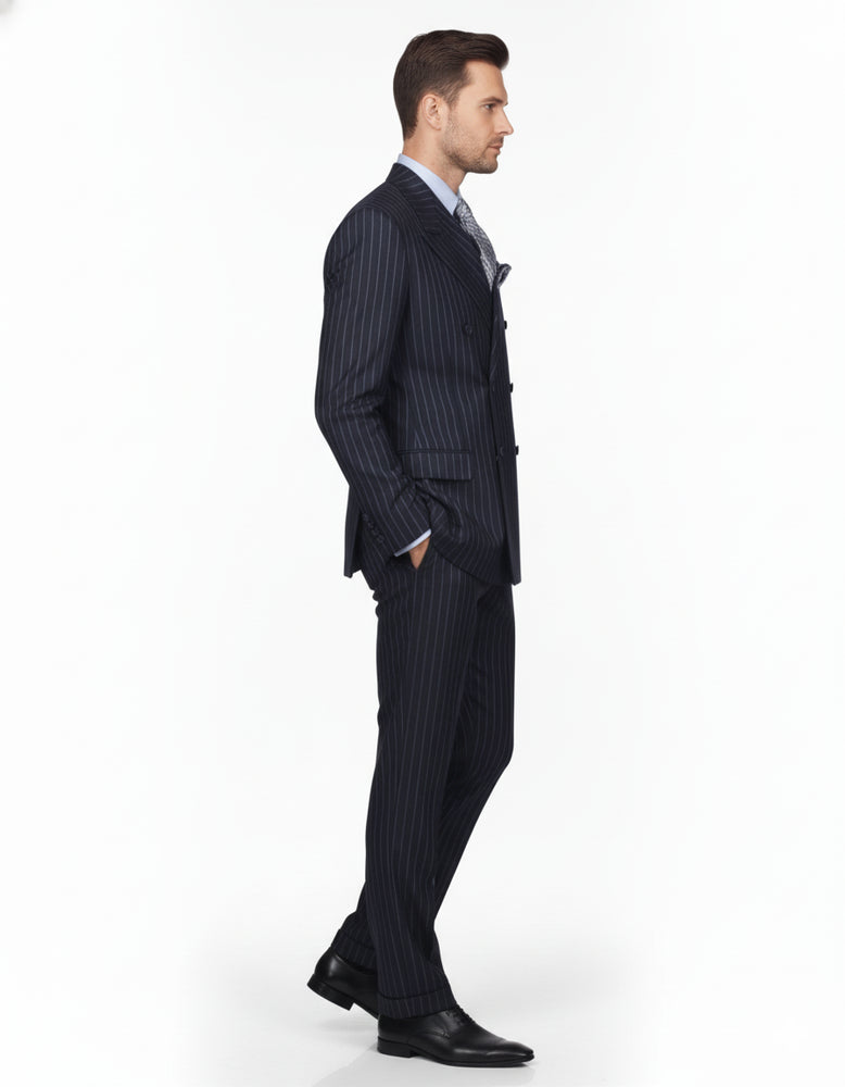 High Quality Dark Navy Blue Suit For Men & Chalk Bold White Pinstripe Double Breasted Suit 100% poly-ray