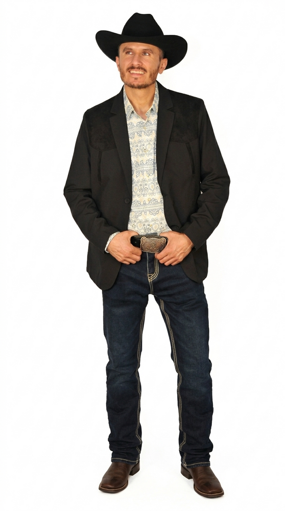 Men's Suede Cowboy Blazer Ultra Slim Fit Black Suede Cowboy Jacket with Western Embroidery in Color "Black"