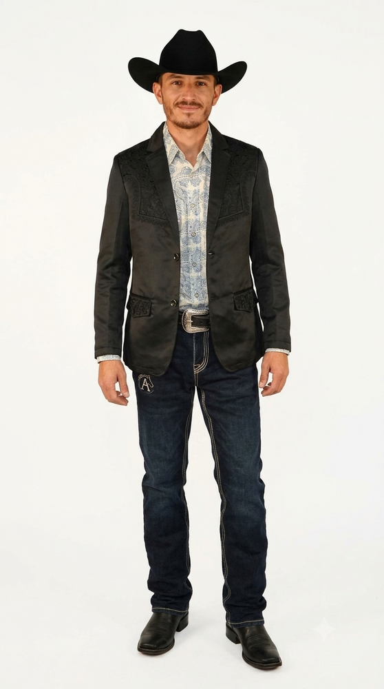 Mens Cowboy Blazer - Western Jacket in Color "Black with Wine Embroidery" Ultra Slim Fitted (Buy 1 Size UP)