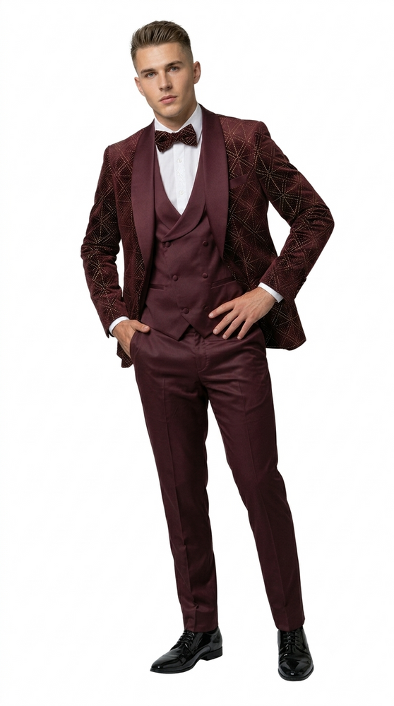 Burgundy Velvet Patterned Shawl Lapel Tuxedo Set – Wedding & Prom