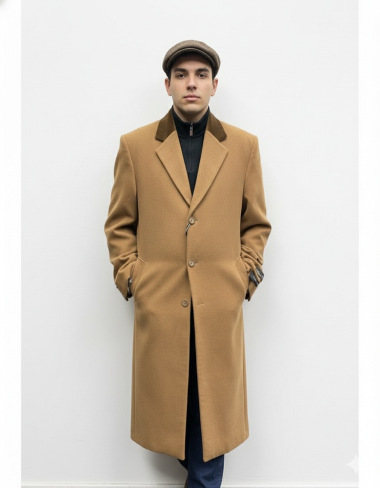 Chesterfield Camel Overcoat With Brown Velvet Collar - Cashmere Blend Topcoat - Full Length Overcoat