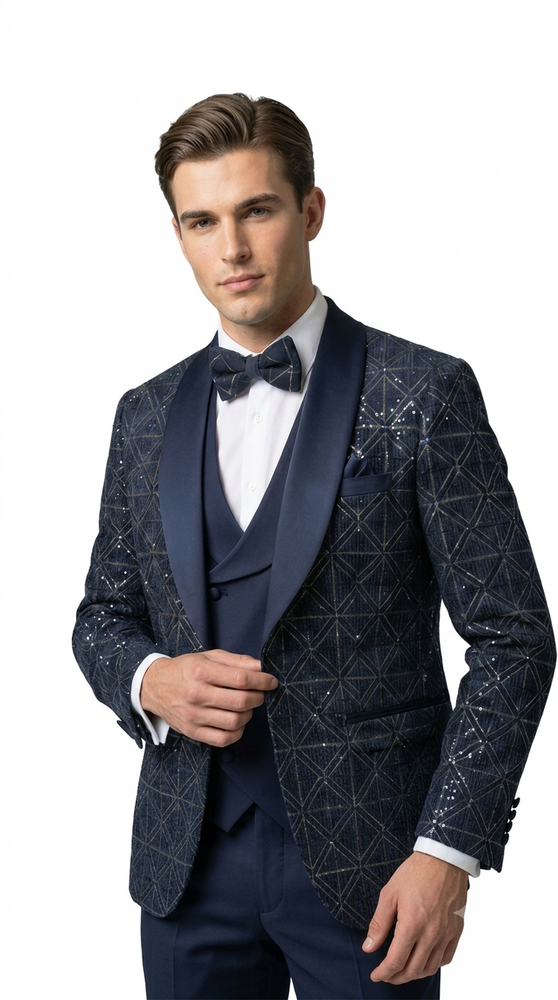 Navy Blue Velvet Patterned Shawl Lapel Tuxedo Set – Wedding & Prom