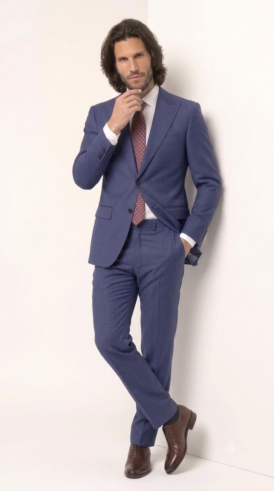 Statement Men's 2 Piece 100% Super 200 Wool Modern Fit Suit - Pic Stitching Peak Lapel Two Buttons in Color Navy