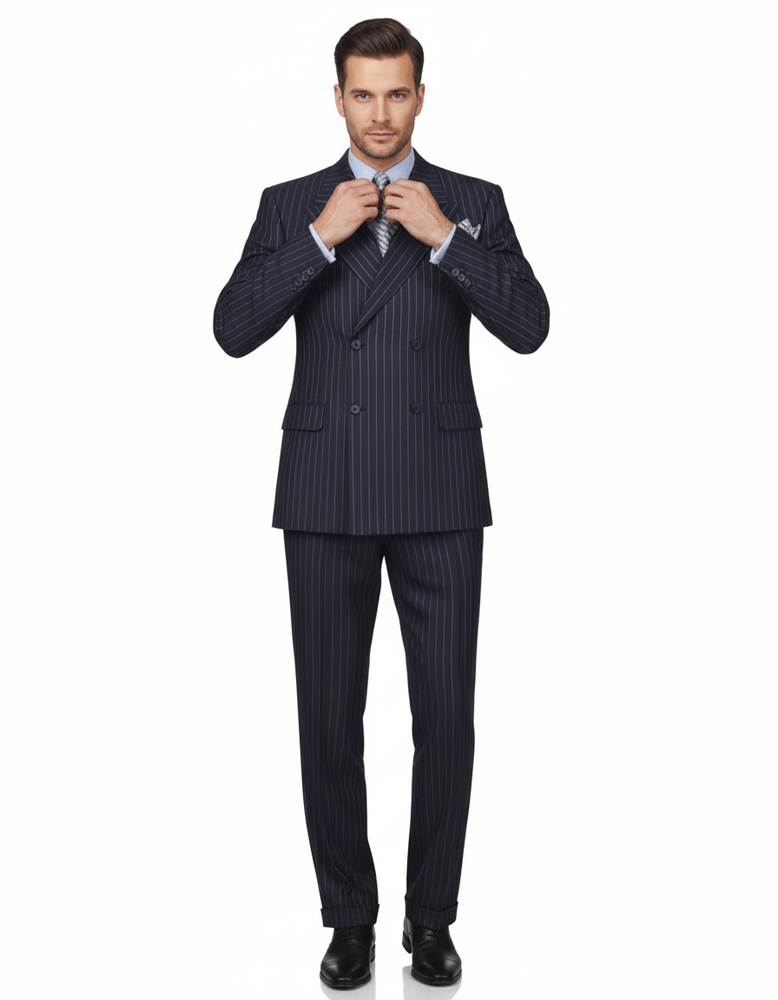High Quality Dark Navy Blue Suit For Men & Chalk Bold White Pinstripe Double Breasted Suit 100% poly-ray
