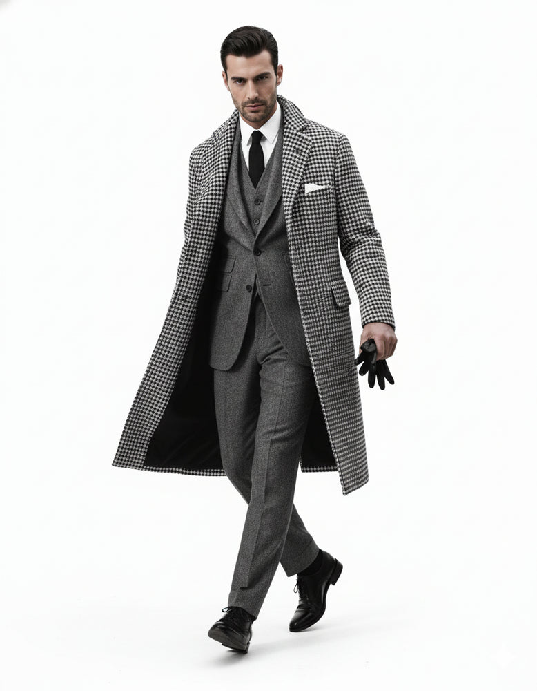 Houndstooth Overcoat - Black and White Checker And Cashmere Fabric Topcoat By Alberto Nardoni