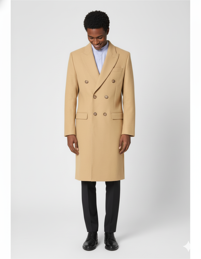 Men's Dress Coat Wool Blend Double Breasted Camel Back Vent Peak Lapel Overcoat Bronze Color Alberto Nardoni Collection