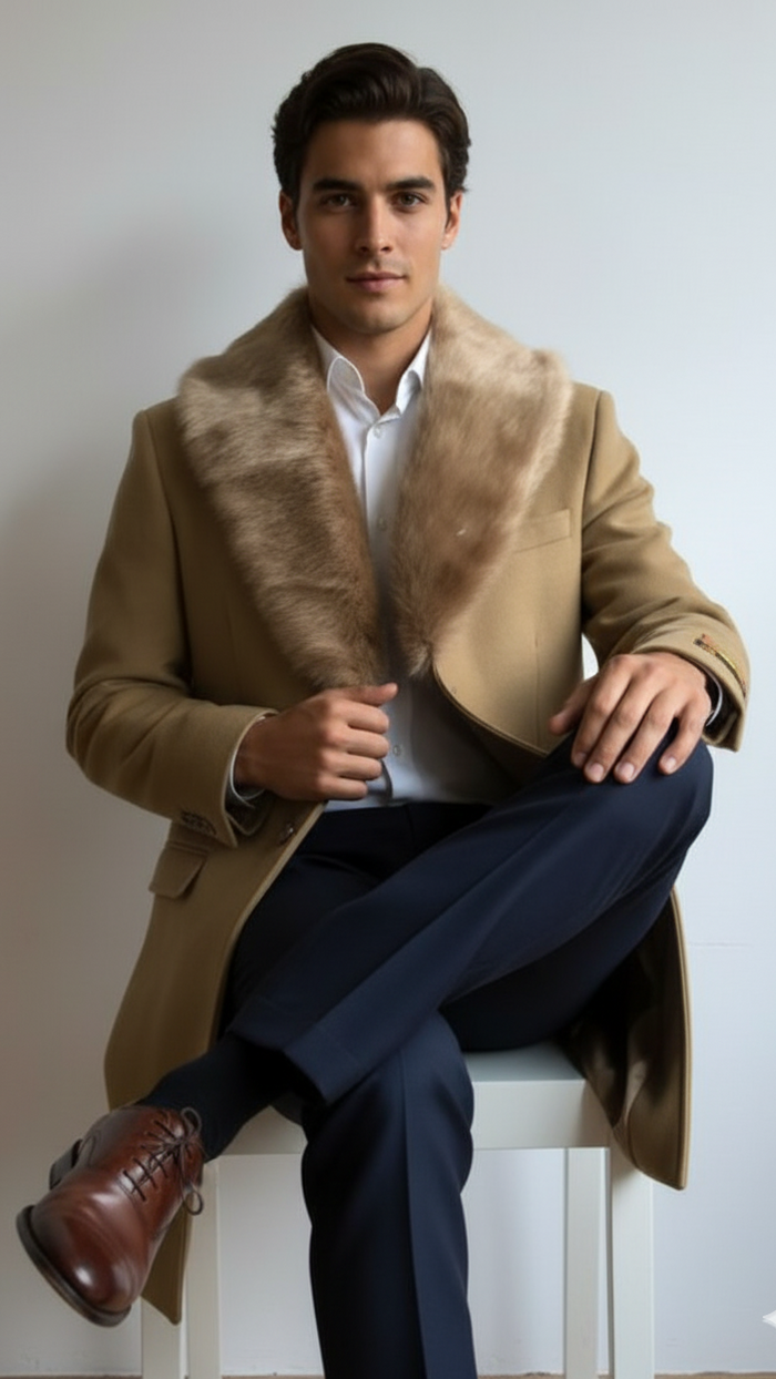 Men's Camel Three Button Full Length Overcoat Men's Carcoat - Car Coat Mid Length Three quarter length coat