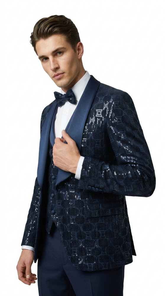 Navy Blue Shiny Patterned Shawl Lapel Tuxedo Set – Wedding & Prom