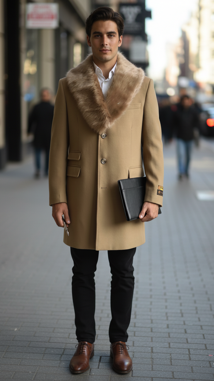 Men's Camel Three Button Full Length Overcoat Men's Carcoat - Car Coat Mid Length Three quarter length coat