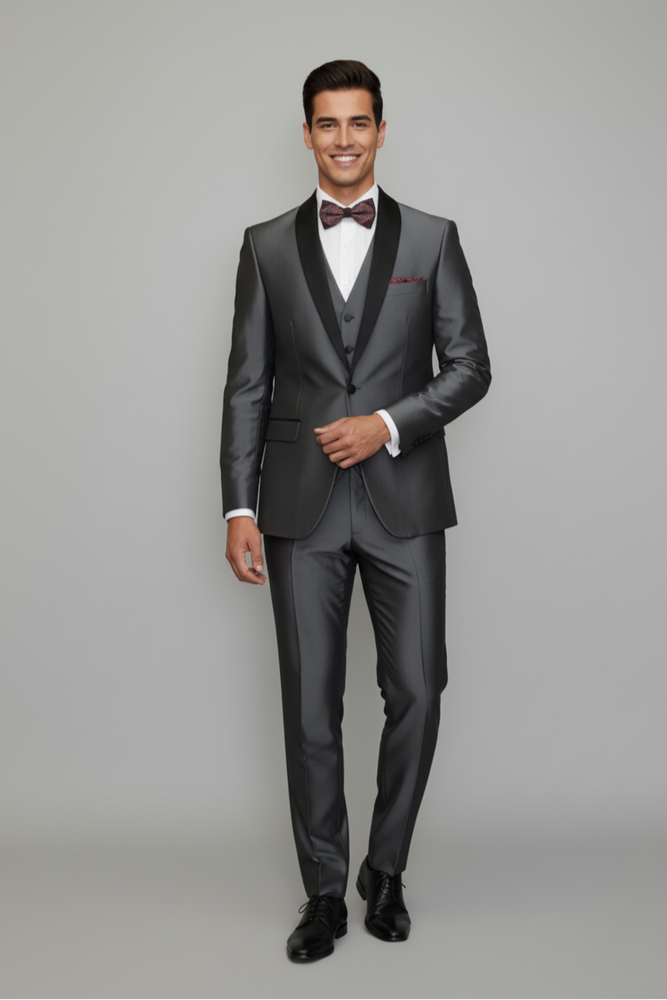 Men's Gray Black Shawl Tuxedo Slim Fitted 3 Piece Two Toned Shiny Sharkskin Suit