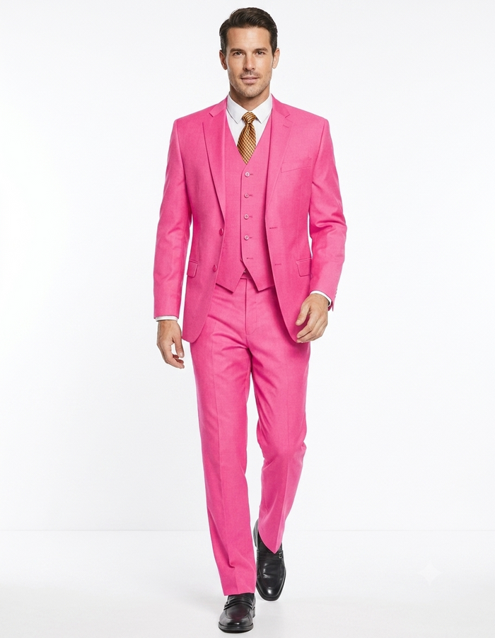 Men's 2 Button 3 Piece Vested Modern Fit Suits Flat Front Pants Suit in Fuschia