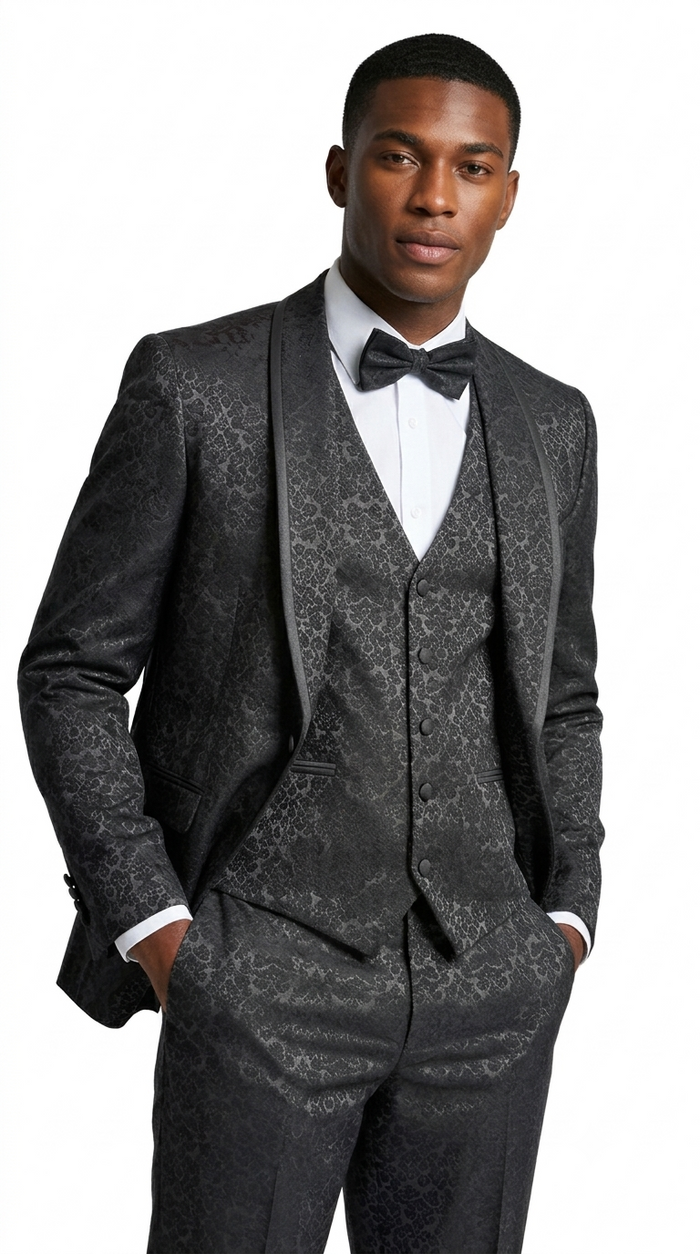 Black Floral Shawl Lapel Tuxedo Set with Satin Trim – Wedding & Prom