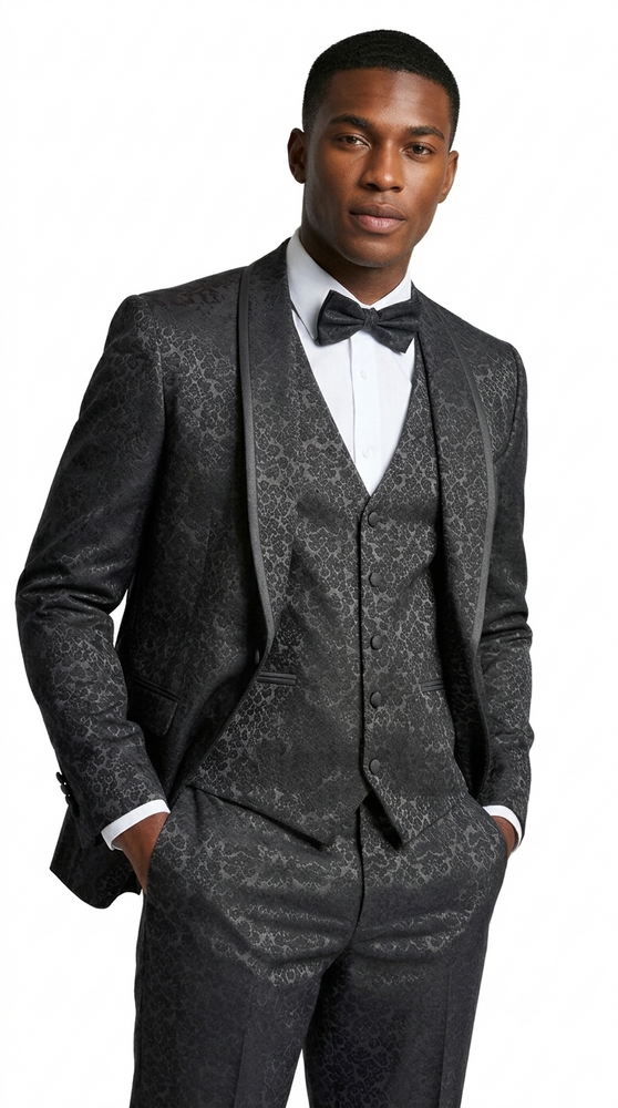 Black Floral Shawl Lapel Tuxedo Set with Satin Trim – Wedding & Prom