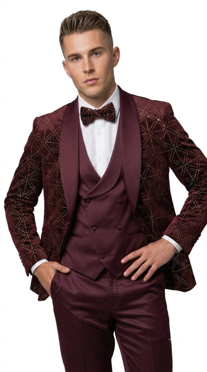 Burgundy Velvet Patterned Shawl Lapel Tuxedo Set – Wedding & Prom