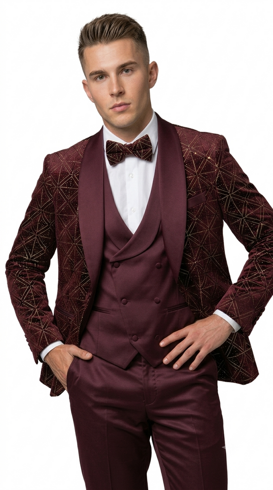 Burgundy Velvet Patterned Shawl Lapel Tuxedo Set – Wedding & Prom