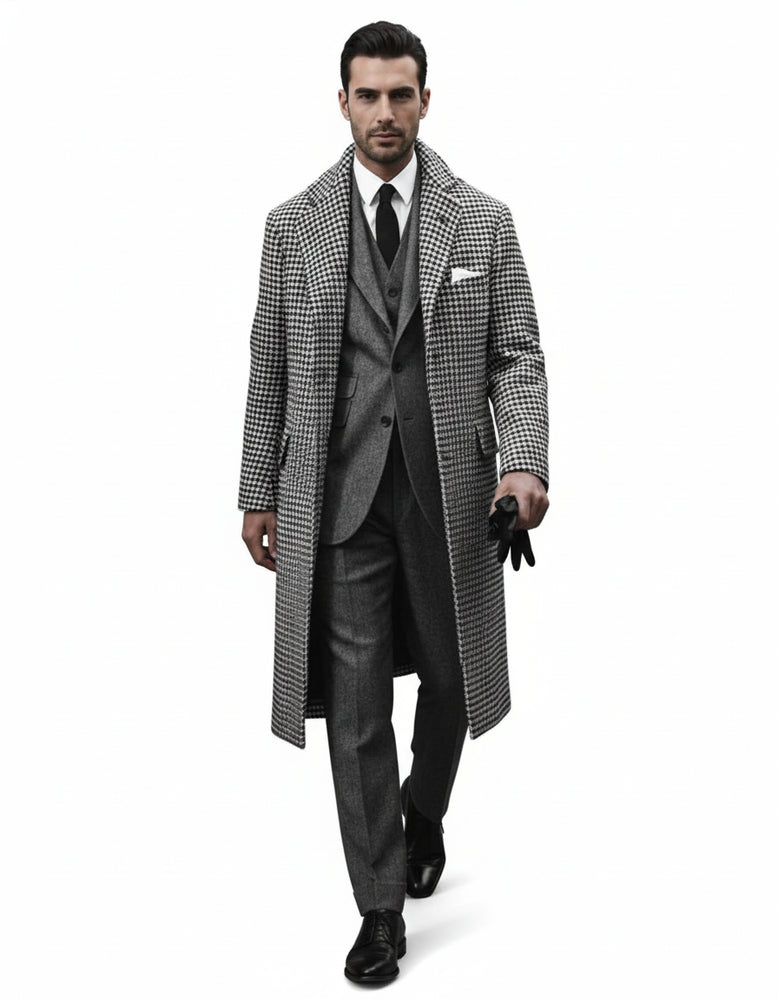 Houndstooth Overcoat - Black and White Checker And Cashmere Fabric Topcoat By Alberto Nardoni