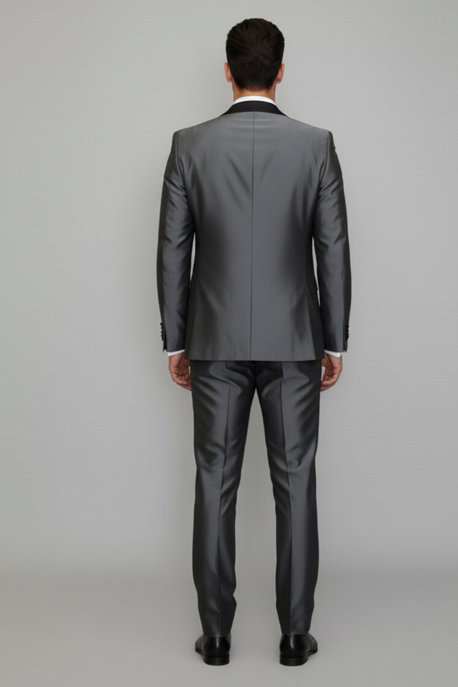 Men's Gray Black Shawl Tuxedo Slim Fitted 3 Piece Two Toned Shiny Sharkskin Suit