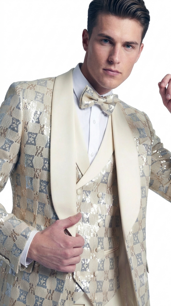 Ivory Shiny Patterned Shawl Lapel Tuxedo Set – Wedding & Prom