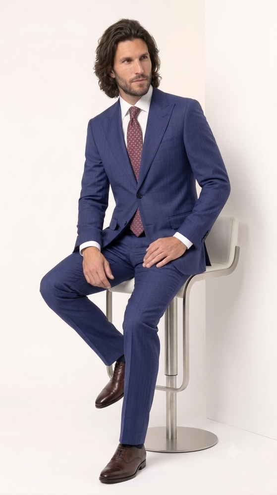 Statement Men's 2 Piece 100% Super 200 Wool Modern Fit Suit - Pic Stitching Peak Lapel Two Buttons in Color Navy
