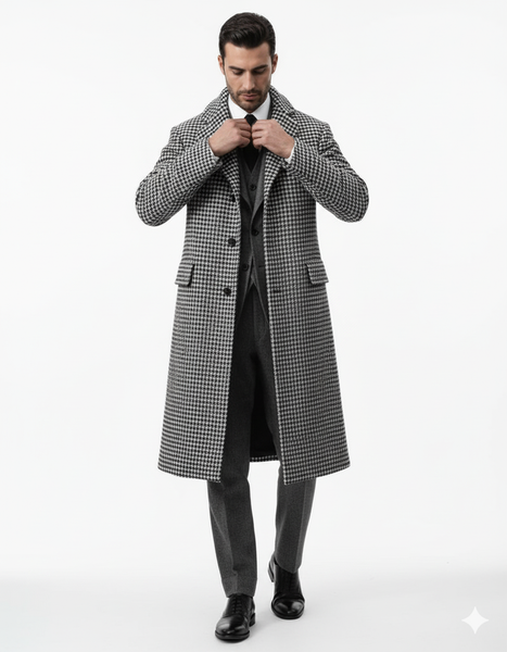 Houndstooth Overcoat - Black and White Checker And Cashmere Fabric Topcoat By Alberto Nardoni