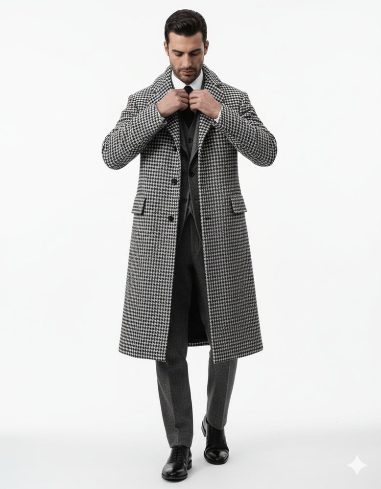 Houndstooth Overcoat - Black and White Checker And Cashmere Fabric Topcoat By Alberto Nardoni
