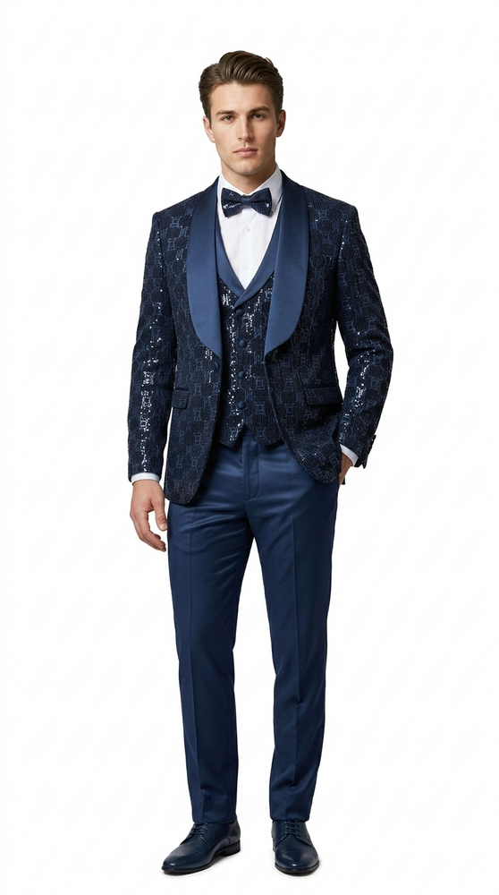 Navy Blue Shiny Patterned Shawl Lapel Tuxedo Set – Wedding & Prom