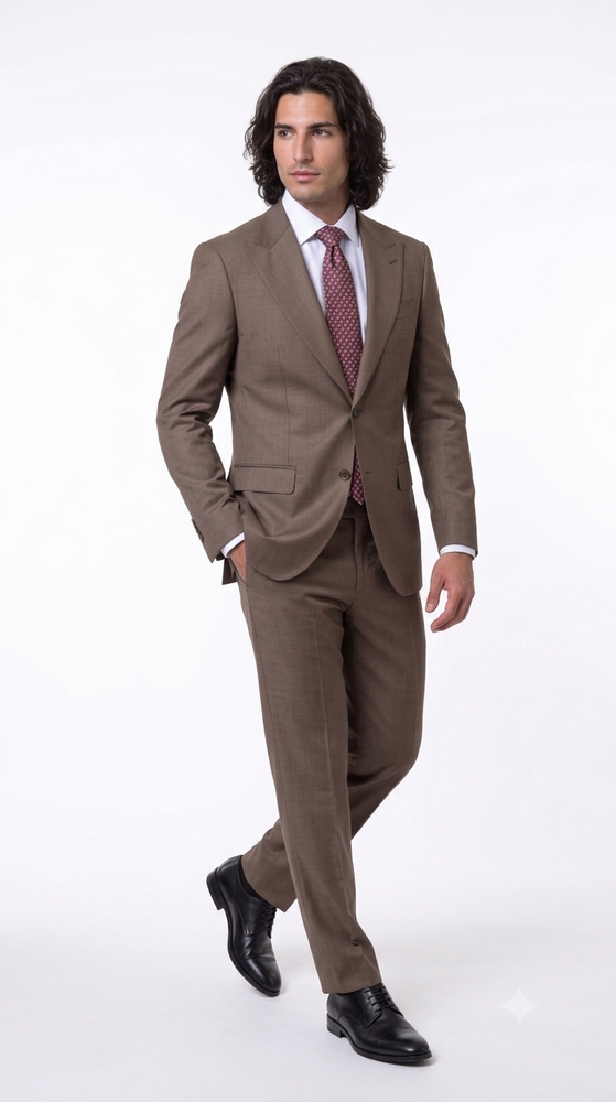 Statement Men's 2 Piece 100% Super 200 Wool Modern Fit Suit - Pic Stitching Peak Lapel Two Buttons in Color Taupe