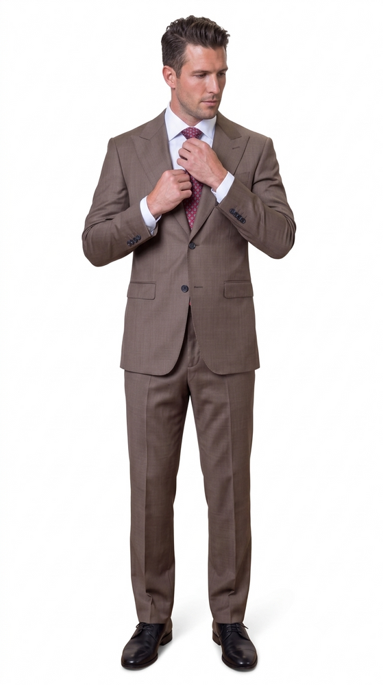 Statement Men's 2 Piece 100% Super 200 Wool Modern Fit Suit - Pic Stitching Peak Lapel Two Buttons in Color Taupe