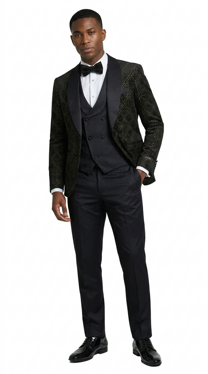 Black & Gold Velvet Patterned Shawl Lapel Tuxedo Set – Wedding & Prom