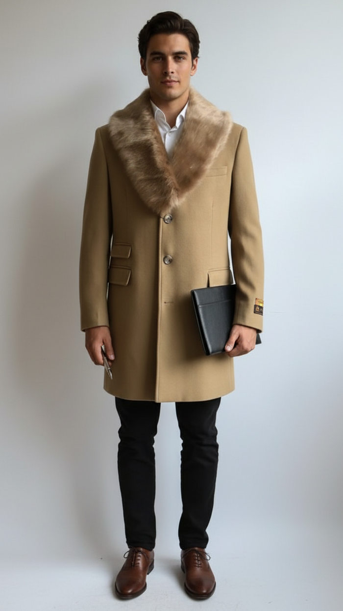 Men's Camel Three Button Full Length Overcoat Men's Carcoat - Car Coat Mid Length Three quarter length coat