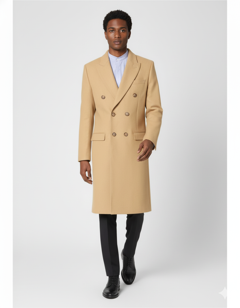 Men's Dress Coat Wool Blend Double Breasted Camel Back Vent Peak Lapel Overcoat Bronze Color Alberto Nardoni Collection