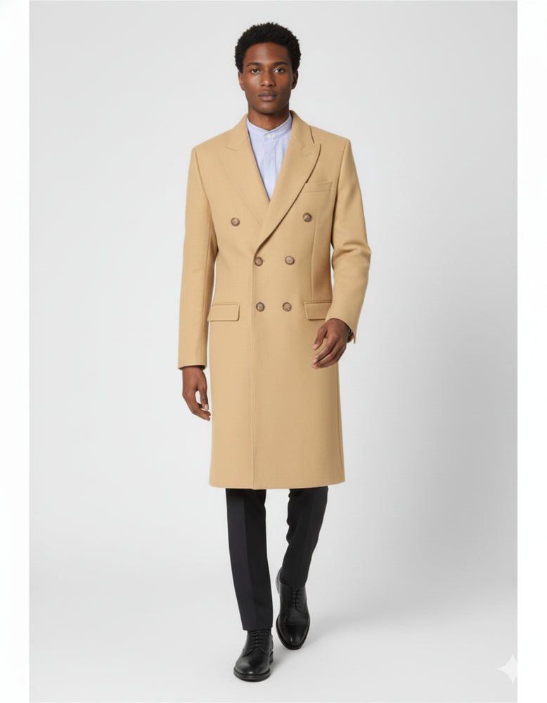 Men's Dress Coat Wool Blend Double Breasted Camel Back Vent Peak Lapel Overcoat Bronze Color Alberto Nardoni Collection