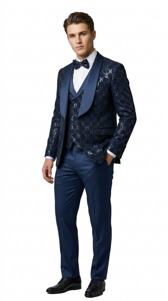 Navy Blue Shiny Patterned Shawl Lapel Tuxedo Set – Wedding & Prom