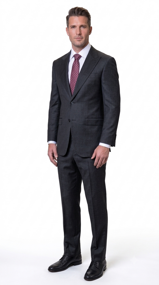 Statement Men's 2 Piece 100% Super 200 Wool Modern Fit Suit - Pic Stitching Peak Lapel Two Buttons in Color Black