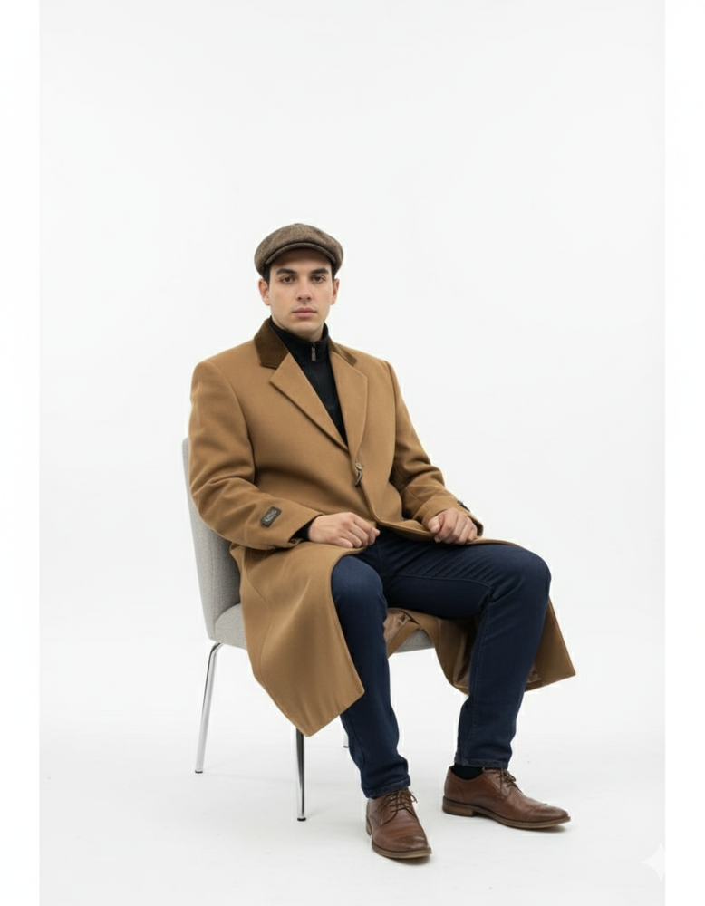 Chesterfield Camel Overcoat With Brown Velvet Collar - Cashmere Blend Topcoat - Full Length Overcoat